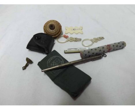 A Mixed Lot comprising: a Silver Propelling Pencil, Miniature Mother-of-Pearl Handled Pocket Knife, Needle Case with beaded d