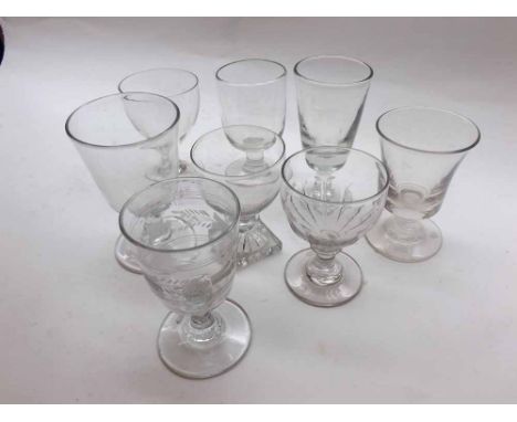 Group of eight assorted 19th Century clear glass Rummers to include examples with fluted bowls, example with lemon squeezer b