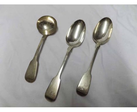 Mixed lot comprising two William IV Fiddle pattern Silver serving spoons and a further William IV Fiddle pattern ladle, hallm