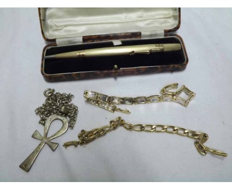 Mixed lot including a cased vintage Gold plated  Life-Long  propelling pencil, together with two gilt metal costume bracelets