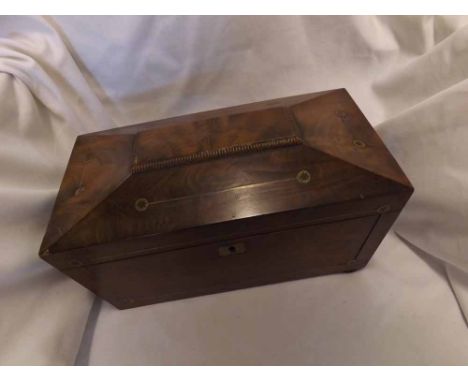 19th Century Mahogany Brass inlaid tea caddy of sarcophagus form, the hinged lid opening to an interior with two lift off lid
