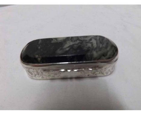 An unusual 19th Century Silver and polished hard stone mounted snuff box of oval form, 3.5" long, marks almost erased 