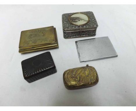 Mixed lot comprising a base metal Vesta case, decorated with Oriental scenes; a 19th Century Brass snuff box inset with photo
