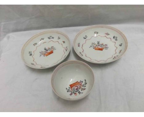 18th Century New Hall Trio comprising Tea Bowl and Saucer and further Saucer, painted in colours with baskets of flowers with