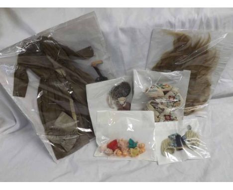 A small collection of Dolls Clothing, Accessories, to include: a full length brown gown with bonnet, shoes and umbrella; smal