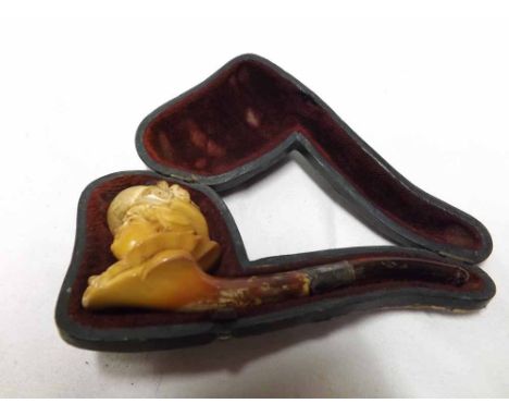Vintage Meerschaum type pipe, the bowl modelled as a lady in ribbon decorated hat, complete with case, case 5" long 