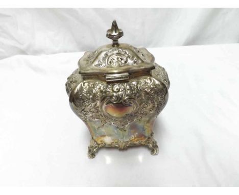 Edward VII Silver Tea Caddy fitted with hinged lid with pointed finial, the body decorated with foliate detail, raised on fou