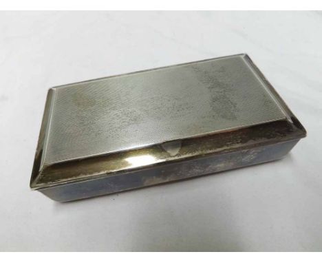 Queen Elizabeth II Silver Cigarette Box of rectangular form, the lid with engine turned decoration, opening to a wood-lined i