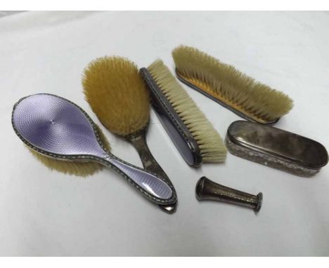 Mixed lot comprising a Silver and enamel four-piece dressing table brush set together with a further Silver topped clear glas