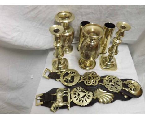 Mixed lot of Brassware comprising two straps of Horse Brasses, pair of Indian Vases, pair of Candlesticks and two vintage She