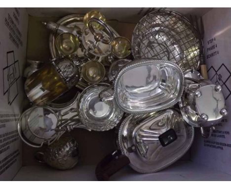 A Box of various mixed Silver Plated Wares, to include Three Piece Silver Tea Service, Silver Plated Egg Cruet, Rose Bowl, Mu