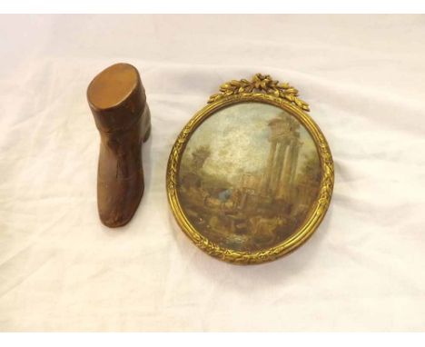 Vintage leather covered travelling inkwell modelled as a boot together with a small oval oil painting depicting figures among