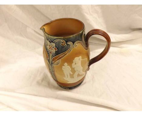 Royal Doulton Stoneware Jug of baluster form moulded with panels of vintage golfers, and also tube lined with Art Nouveau sty