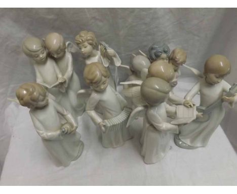 Lladro group of three singing winged angels and six further Nao figures, angels in various poses (some minor chips) (7) vario