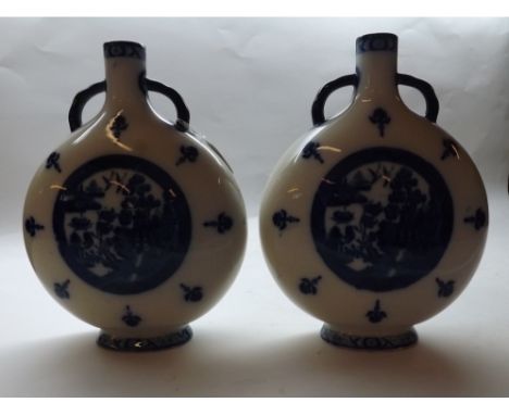 Pair of Minton Flask shaped baluster Vases of ovoid form, printed in blue with central panels of Willow patterns, on a crazed