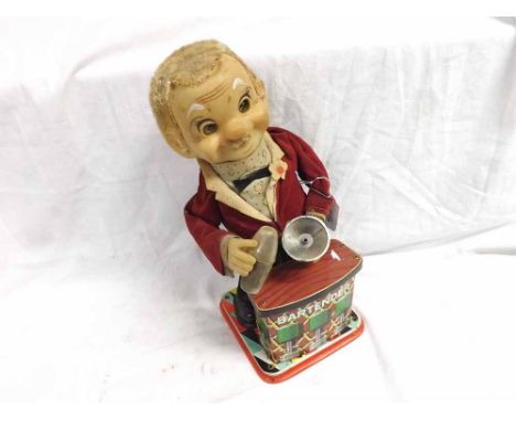 A Vintage Fabric and Plastic and Tinplate  Bartender , 12" high