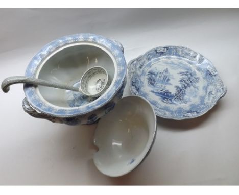 Large 19th Century Ridgways blue and white Soup Tureen and Stand in the Belvedere pattern with a non-matching ladle, 12" diam