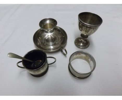 Mixed lot comprising small Birmingham hallmarked Silver chamber stick of round form, hallmarked Silver double handled salt wi