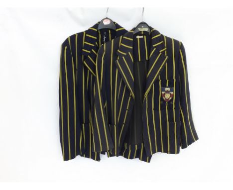 Two 1940s Vintage His and Hers Blazers from Goldsmiths College London, in blue with yellow stripe, breast pocket with emblem 