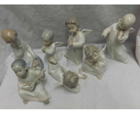 Collection of seven Lladro figures, each modelled as angels in various poses, decorated in typical colours, various sizes  