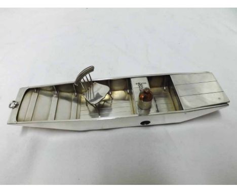 Very unusual Silver Smokers Compendium in the form of a punt boat, one end with lifting lid, a Vesta striker interior, centra