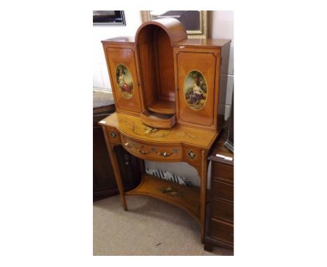 Unusual 19th Century Continental painted Satinwood Bonheur du Jour, the top section with arched detail over two doors with pa