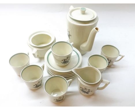 Royal Copenhagen floral decorated coffee set, pattern number 884/9781, comprising Coffee Pot, Cream Jug, Sugar Basin, and six