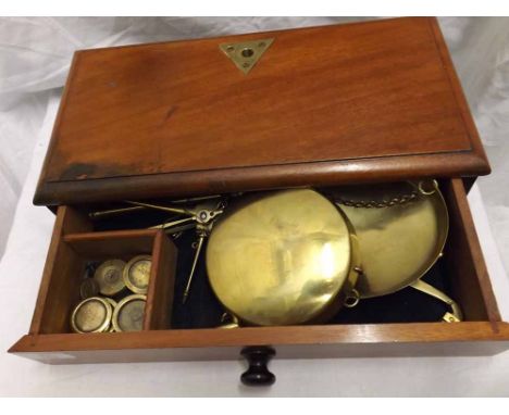 Set of Mahogany based vintage Brass Balance Scales with weights, 14.5"  wide  
