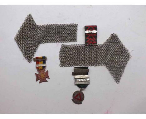 Two Vintage White Metal Chainmail Style Shoulder Epaulettes; together with a Driving Medal and a Lads Church Brigade Medal 