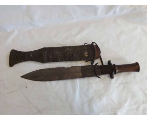 Vintage Sudanese Dagger, crocodile skin scabbard, blade approx length 11", double edged ribbed blade, hardwood grip  