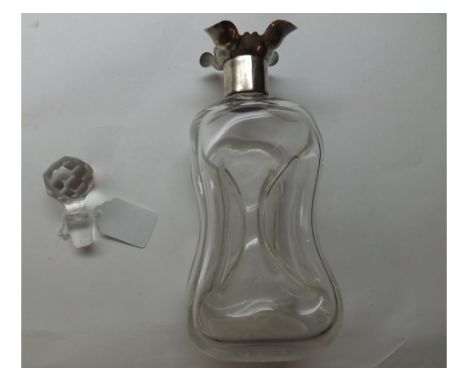 Clear glass dimpled Decanter fitted with London hallmarked Silver flared collar and cut glass stopper, 9" high 