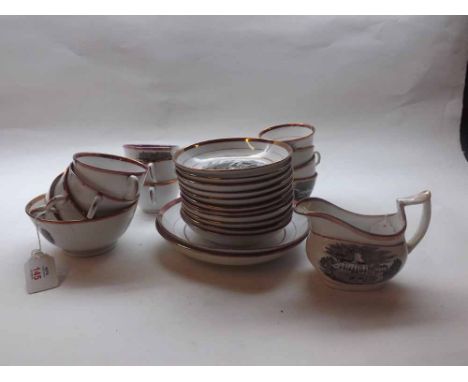 A 19th Century bat-printed and puce lustre part Tea Service, comprising Slop Bowl, Jug, two Plates and eleven Cups and Saucer