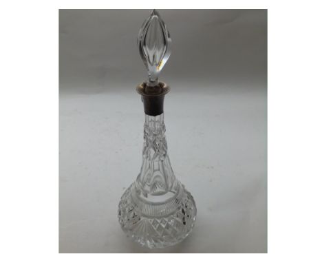 20th Century cut clear glass Decanter of circular form, fitted with Birmingham hallmarked Silver collar, 15.5" high 