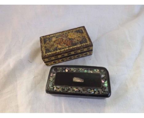 Ebonised Snuff Box inset with Shibayama type decoration together with a further Tunbridge ware style box with pull off cover 