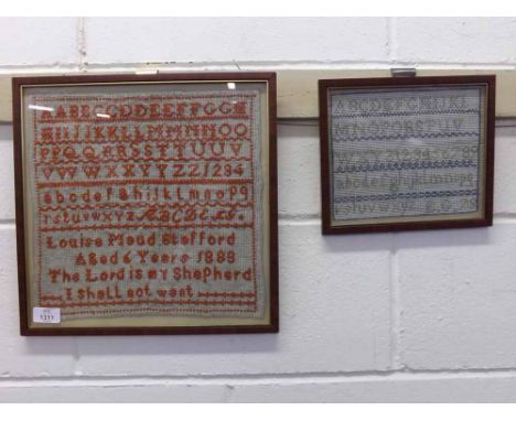 Framed Needlework Sampler produced by Louise Maude Stafford aged 6 years 1888, together with a further framed unsigned exampl