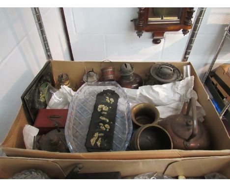 A box of miscellaneous oil lamp bases, glass items, etc