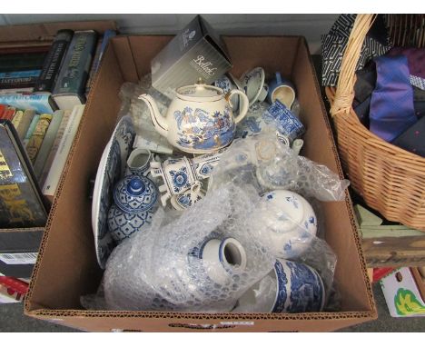 A box containing blue and white mixed china including Delft, Spode etc