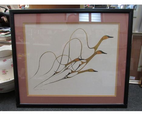 A framed and glazed Benjamin Chee Chee print of stylised geese in light