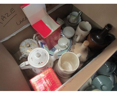Three boxes of mixed ceramics including figures and a Denby "Rockingham" coffee pot, Spode flagon, etc