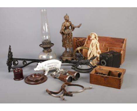 A quantity of miscellaneous. WM Molands sons cast iron butchers money box pig, glass oil lamp with bracket, vintage Warwick N