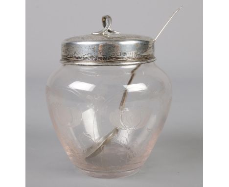 A silver lidded glass sugar bowl &amp; teaspoon. Assayed Birmingham with different dates.  