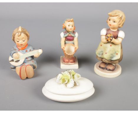 Three Goebel figures and a Capodimonte trinket box. H:13cm.  