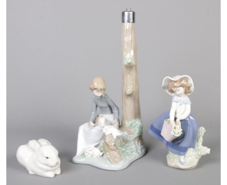 A small collection of Lladro and Nao ceramics, to include table base, and 'Pretty Pickings' flower girl (5222).  Small chip t