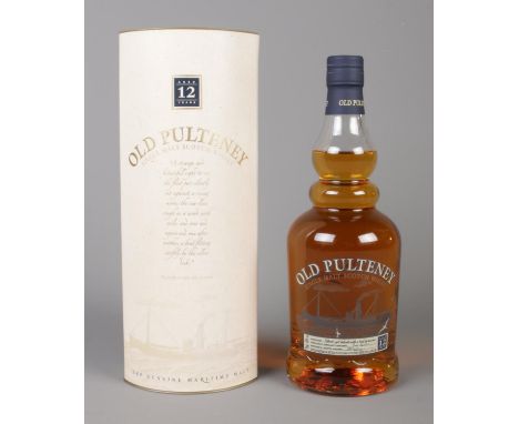 A cased bottle of Old Pulteney 12 year old single malt scotch whisky.  