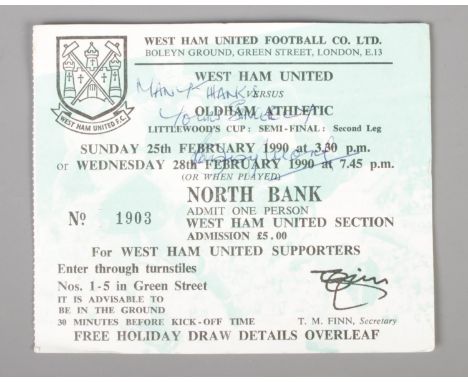 A 1990 West Ham ticket, Vs Oldham Athletic, signed by Bobby Moore.  No certificate of authenticity.