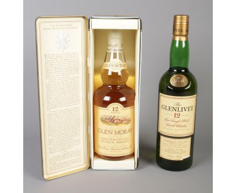 Two bottles of Single Malt Scotch Whisky; including a cased Glen Moray 12 years old Royal Highland Regiment, along with a 12 