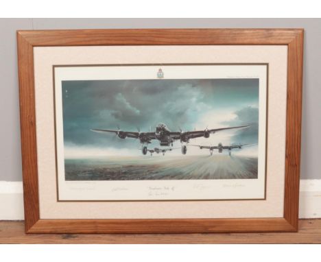 A framed limited edition print 'Dambuster Take Off'. By Mayday prints Yarmouth, 51/850, (31cm x 47cm).This print is signed in