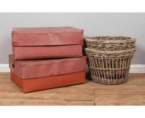 Two vintage trunk style boxes (62cm x 47cm) &amp; two wicker baskets.  