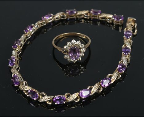 A sterling silver and amethyst coloured stone bracelet along with a 9ct gold moissanite and amethyst colour stone ring. Size 