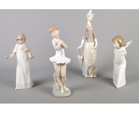 Four Lladro/Nao figurines.  Candlestick broken off, wing broken off, head glued to ballerina, arm glued on lady with dog